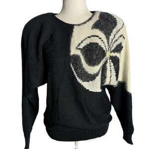 Vintage 80s Angora Knit Pullover Sweater M Black Beaded Shoulder Pads